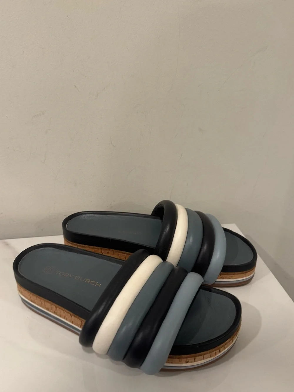 Tory Burch Padded Slide Sandals in Blue & White